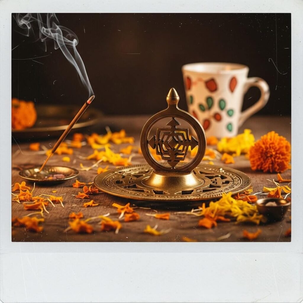 Brass yantra on messy table with marigolds, incense, chai cup.