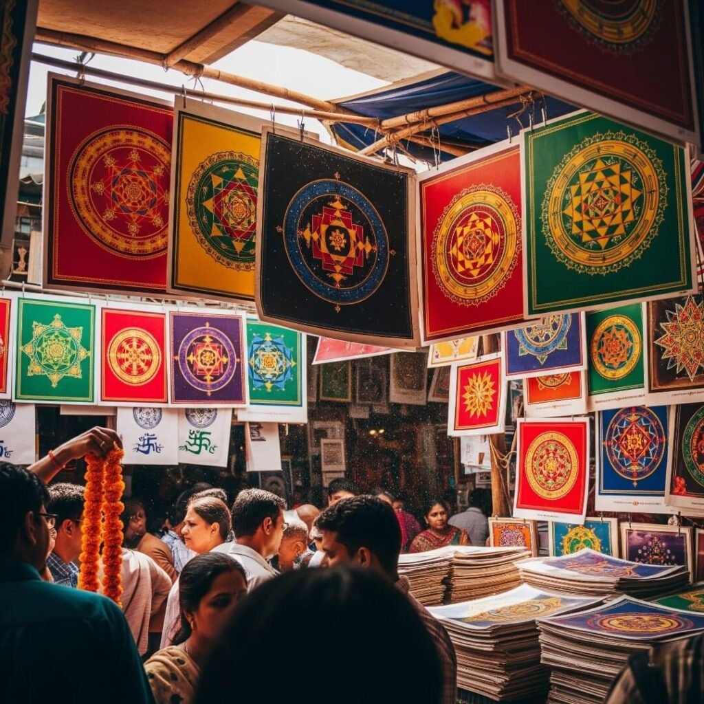 Crowded market stall with vibrant yantra prints.