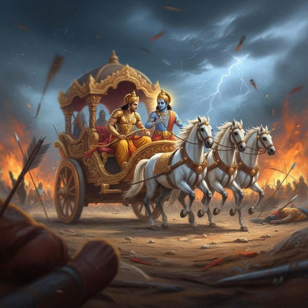 Blurry painting of Arjuna and Krishna on a chariot in battle.
