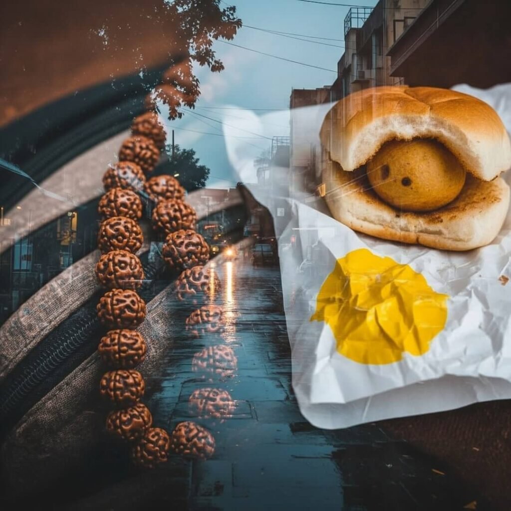Rudraksha beads, Pune street, and vada pav.