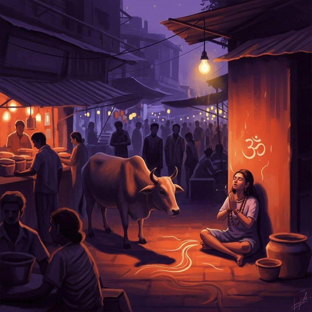 Chennai market at dusk, me chanting, cow staring.