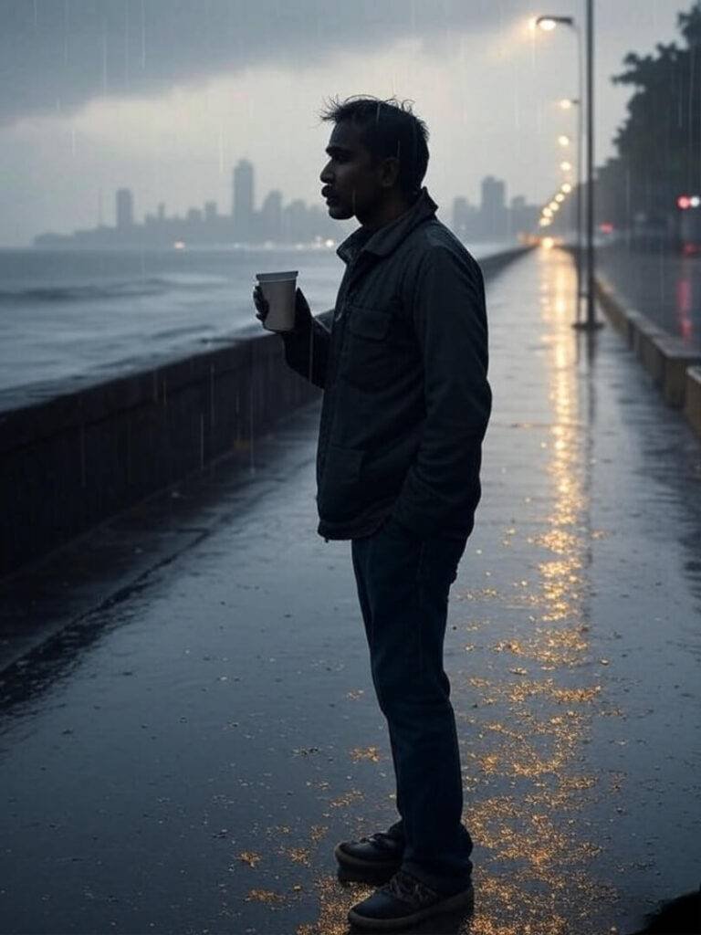 Rain-soaked Marine Drive, lone figure with chai cup.