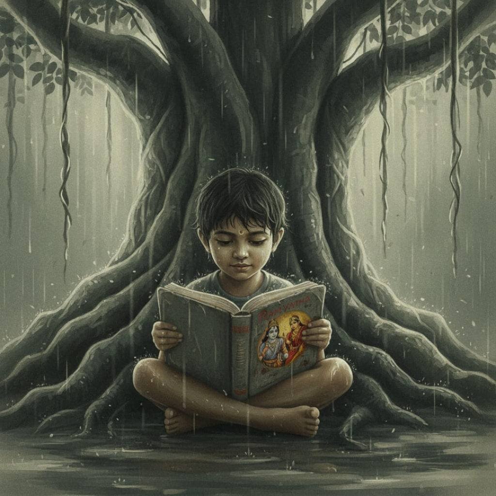 Child reads Ramayana under a banyan tree in rain.