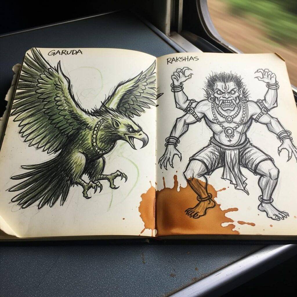 Journal with mythical sketches on a train.