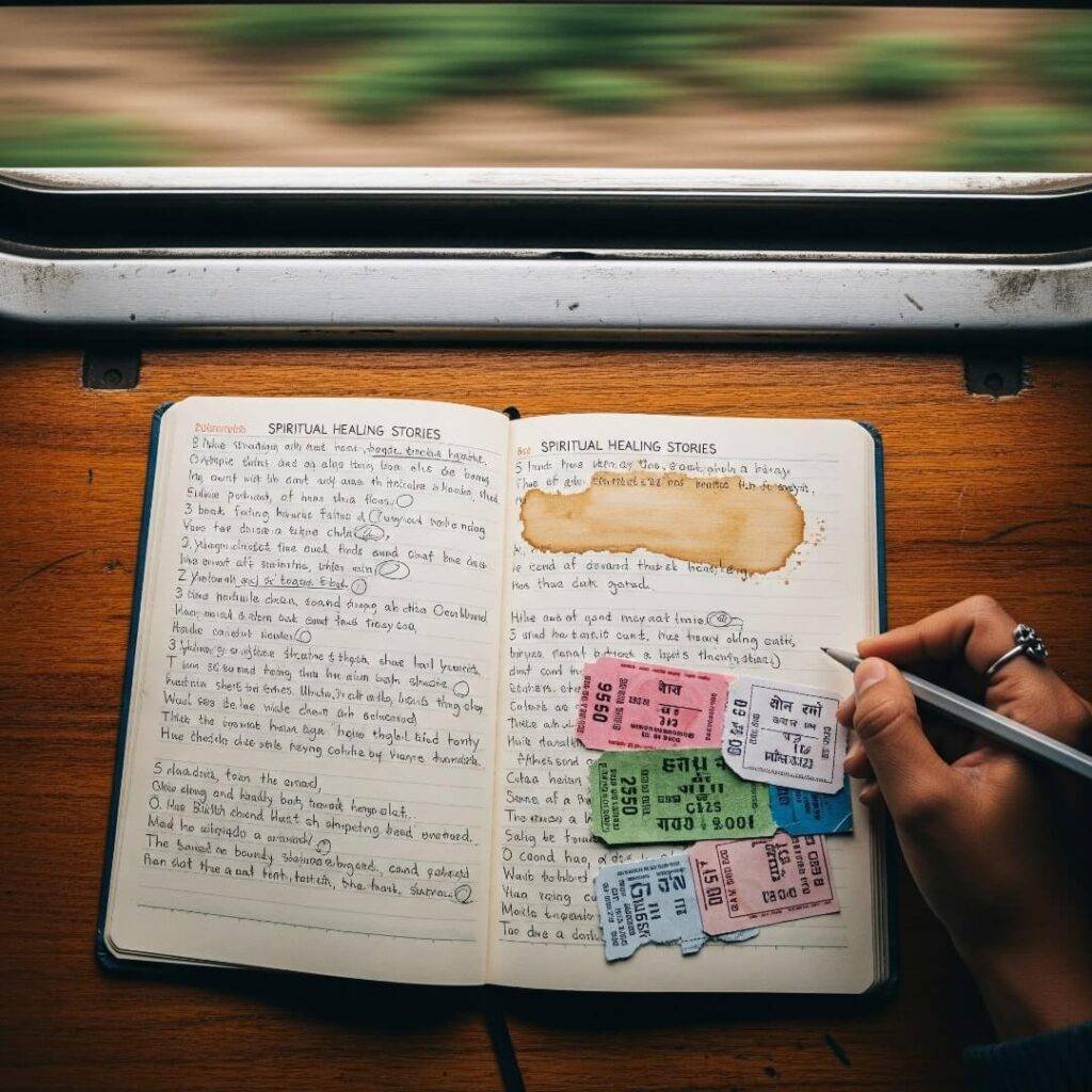 Journal pages with scribbles, smudges, and torn tickets.