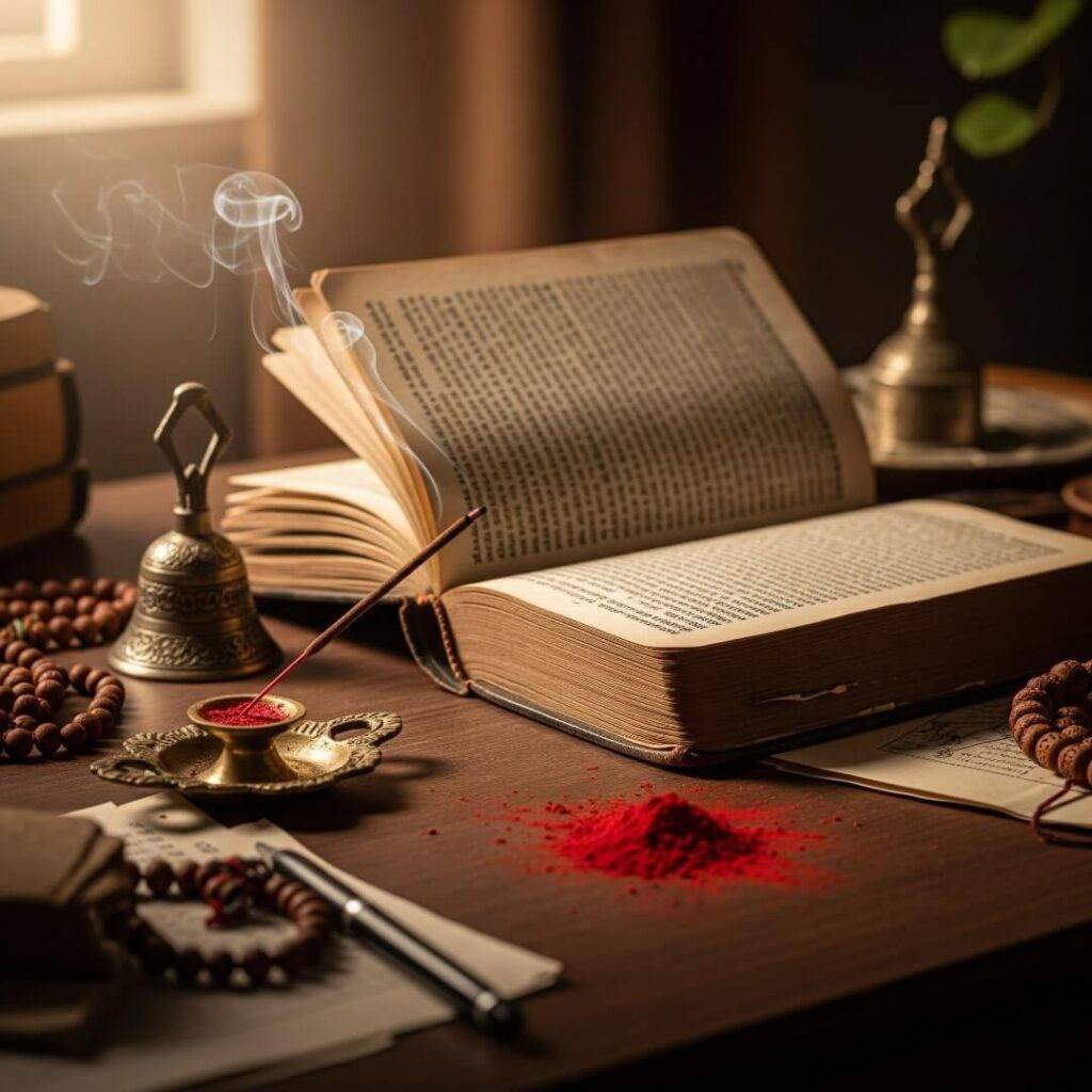 A cluttered desk with a prayer book and incense.
