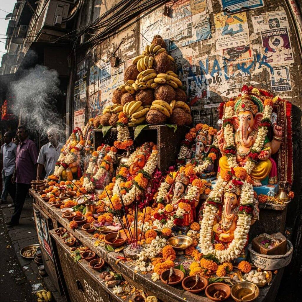 Chaotic Mumbai street shrine with fisheye lens.