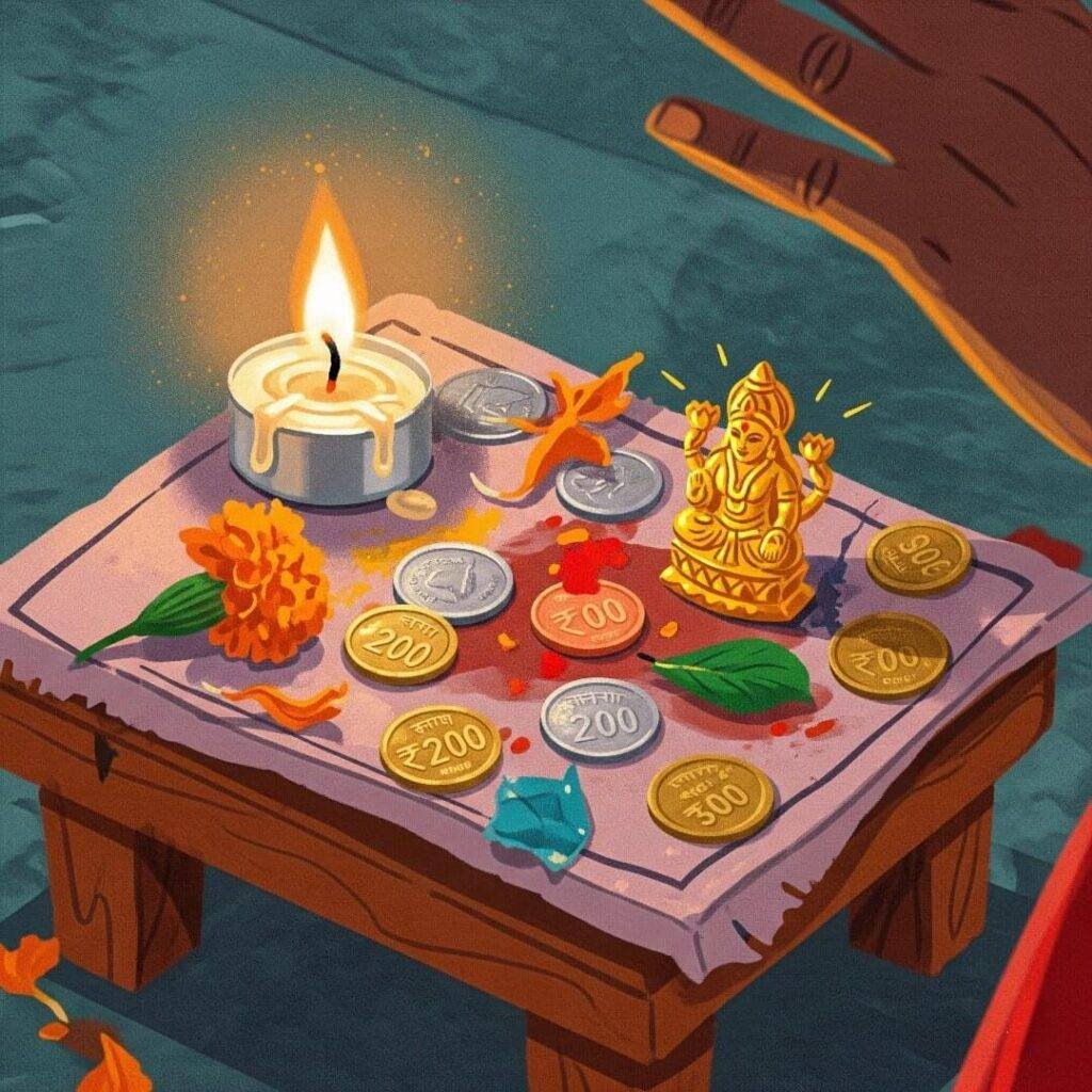 Digital painting of Lakshmi altar with scattered coins.