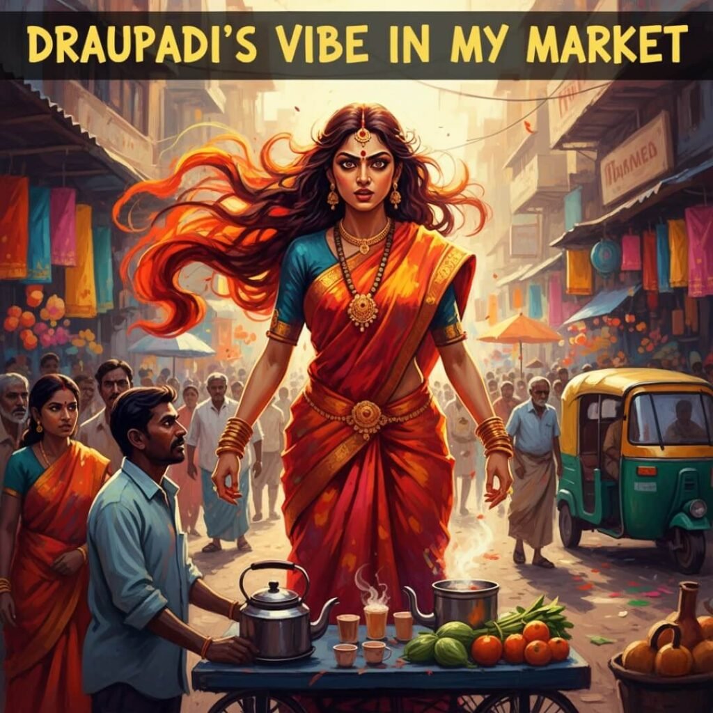 Draupadi in a vibrant, chaotic Delhi market.