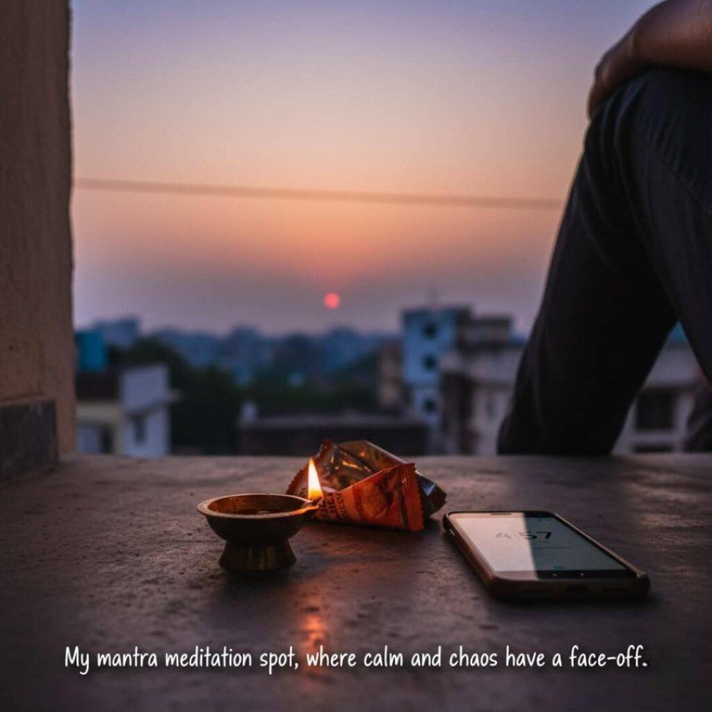 Balcony meditation at dusk with diya, phone, and snack.