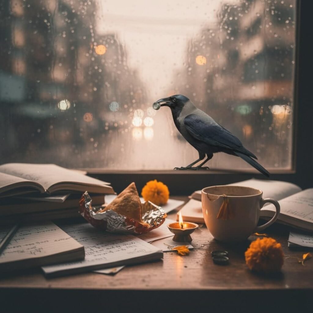 Prayer corner with crow, chai, and rainy window.