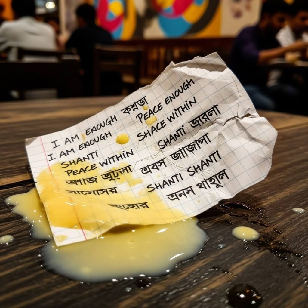 Soaked notebook with mantra, spilled lassi.