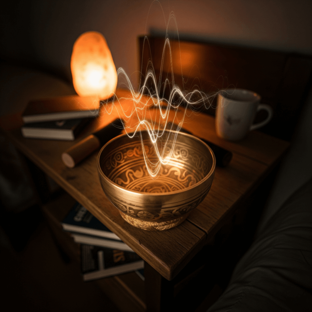 Singing bowl humming in a dim room with visible vibes.