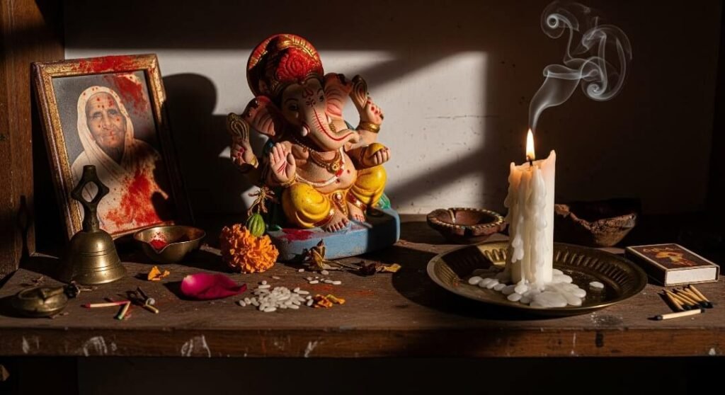 Cluttered puja shelf with Ganesh and candle.