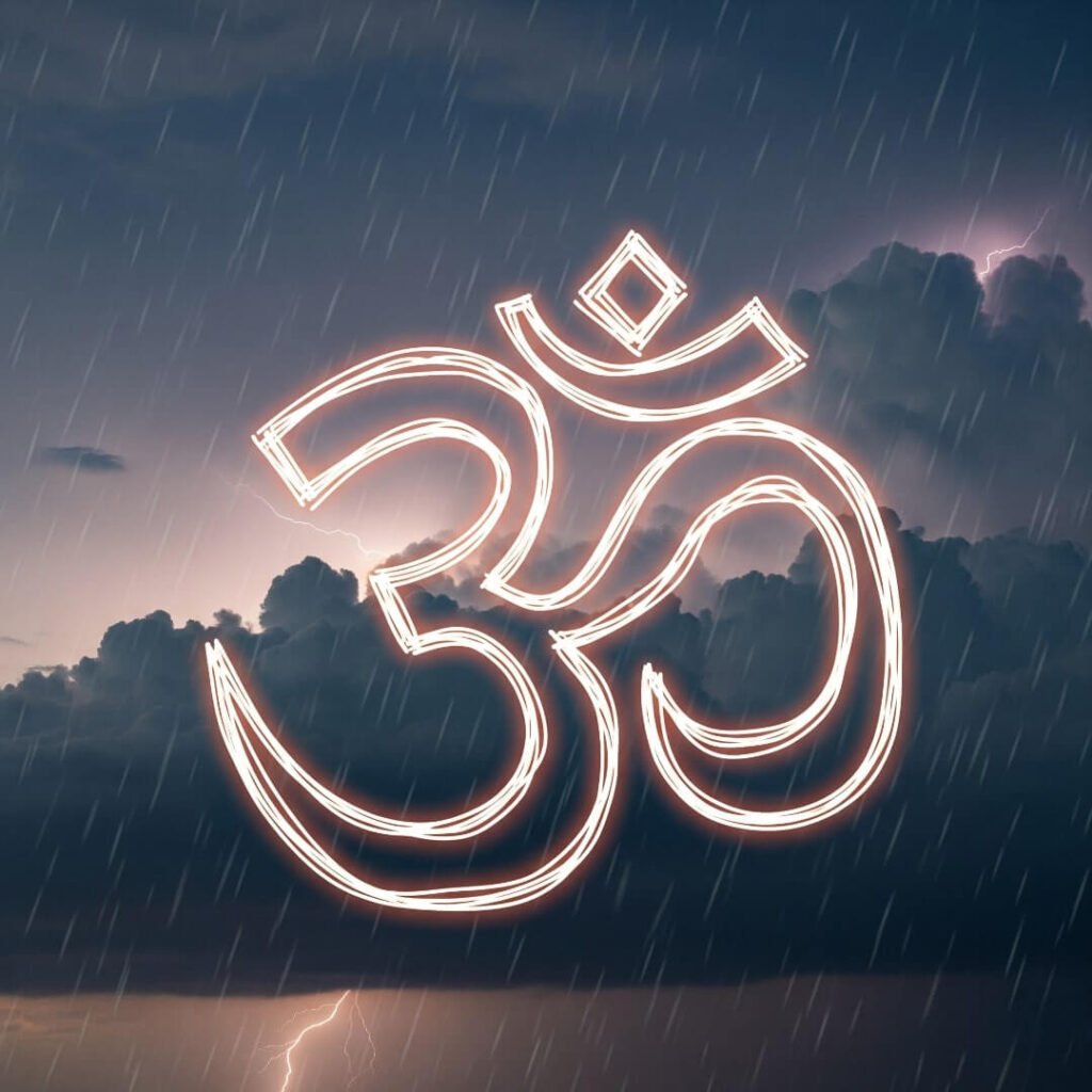 Glowing "Om" symbol against a stormy monsoon sky.