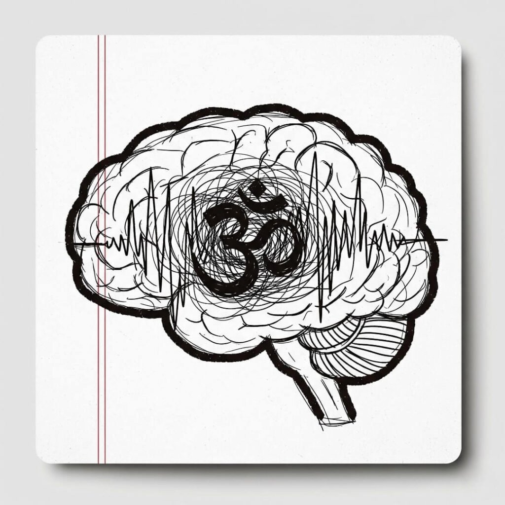 Doodle of brain with messy Om mantra soundwaves.