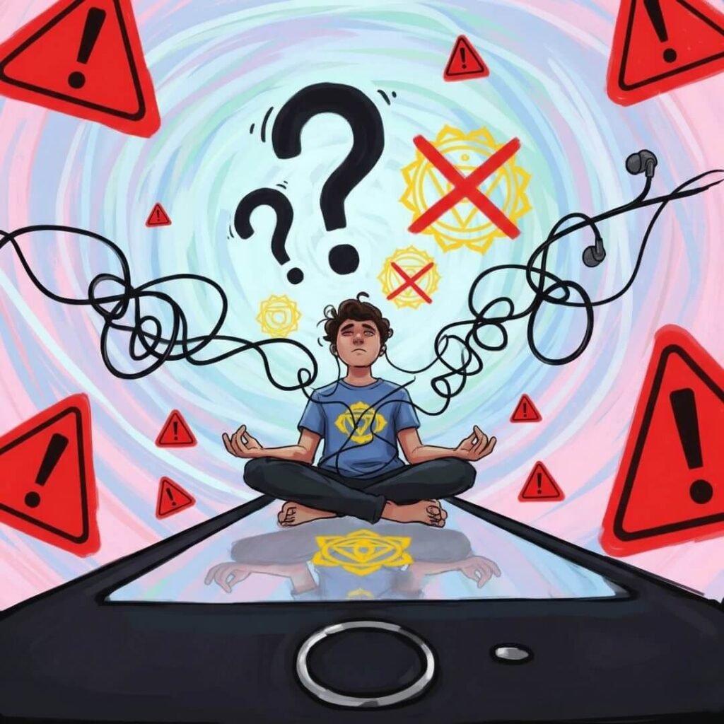 Meditator with error signs and tangled earphones.