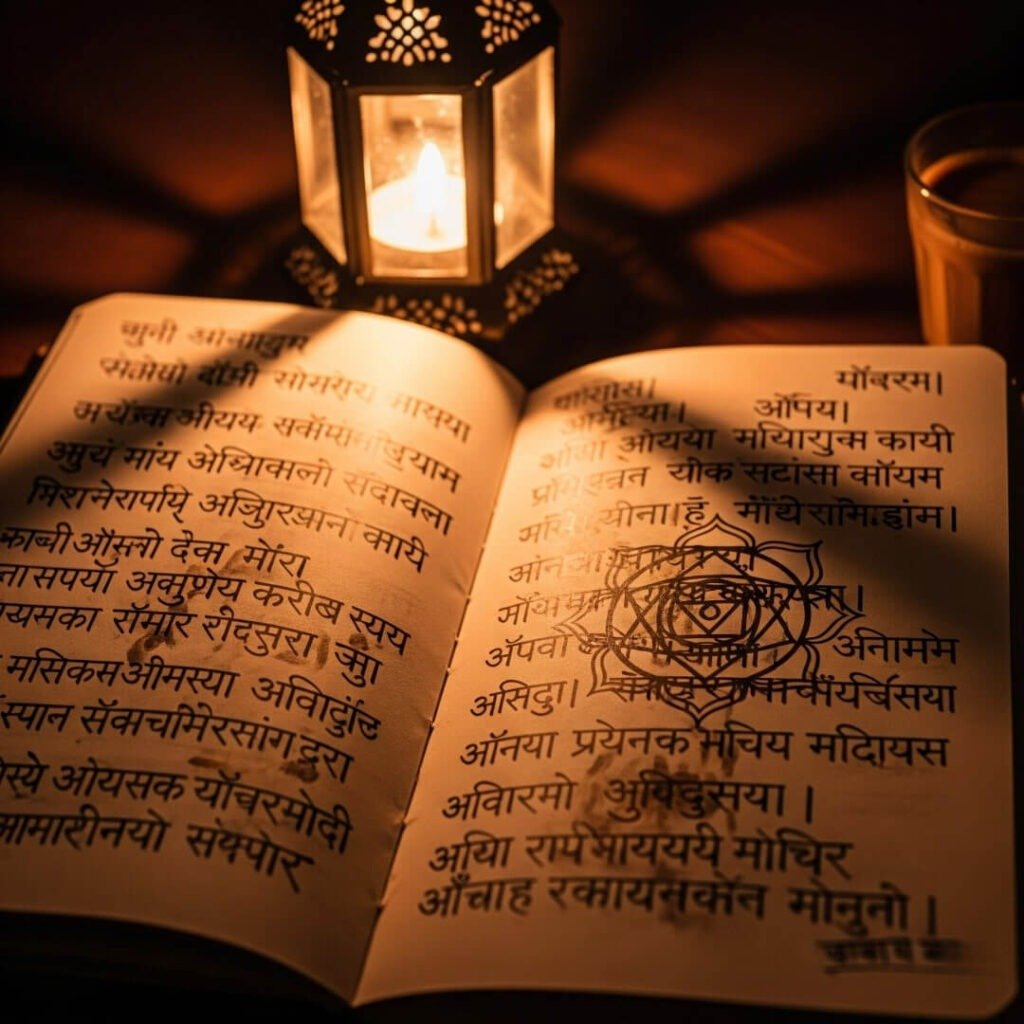 Journal with Sanskrit mantras, lit by lantern.