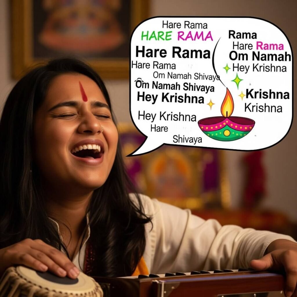 Woman singing bhajan with a speech bubble of jumbled lyrics.