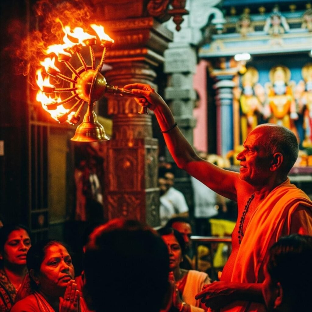 Priest waving diya during a temple ceremony.