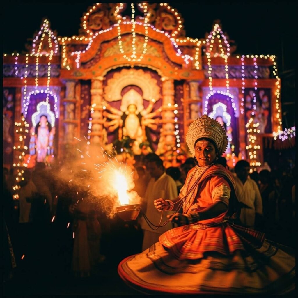 Durga Puja pandal with dhunuchi dancer and sparks.