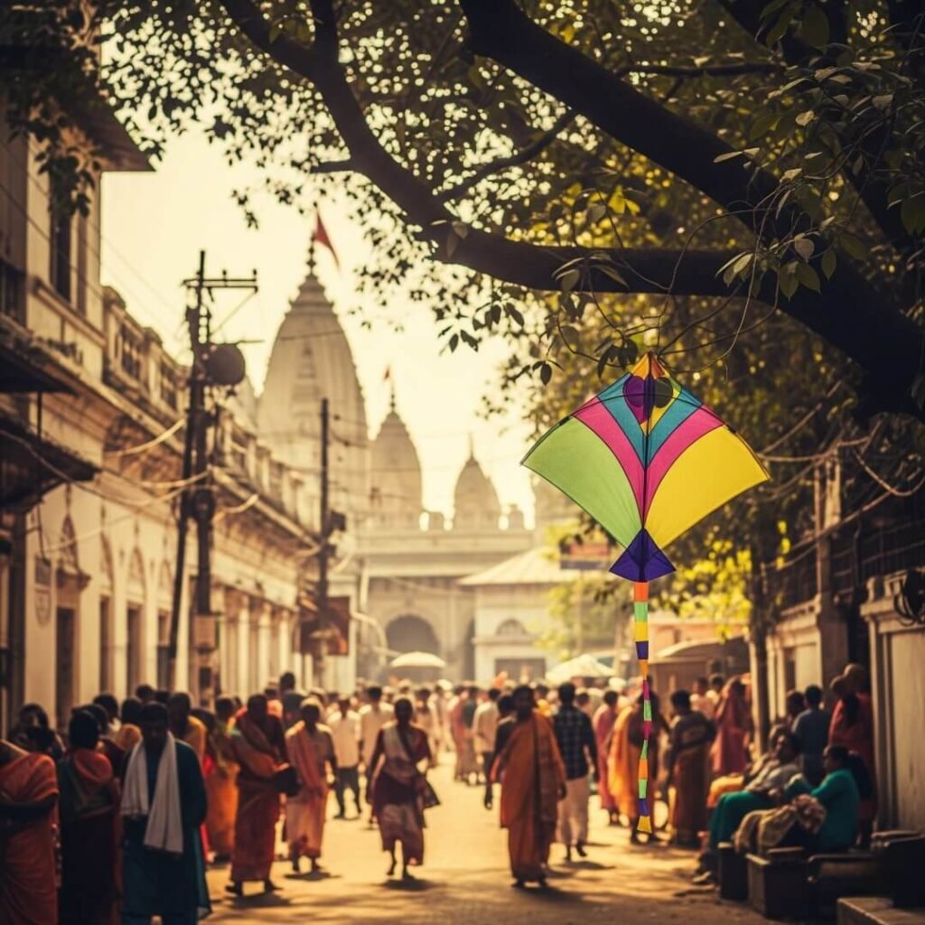 Kolkata temple street with kite in tree.