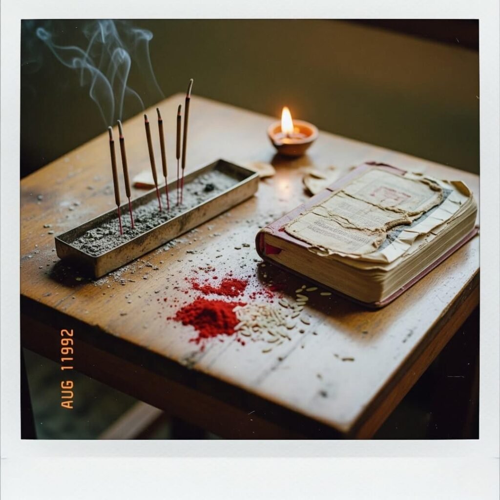 Messy prayer table, Polaroid style.