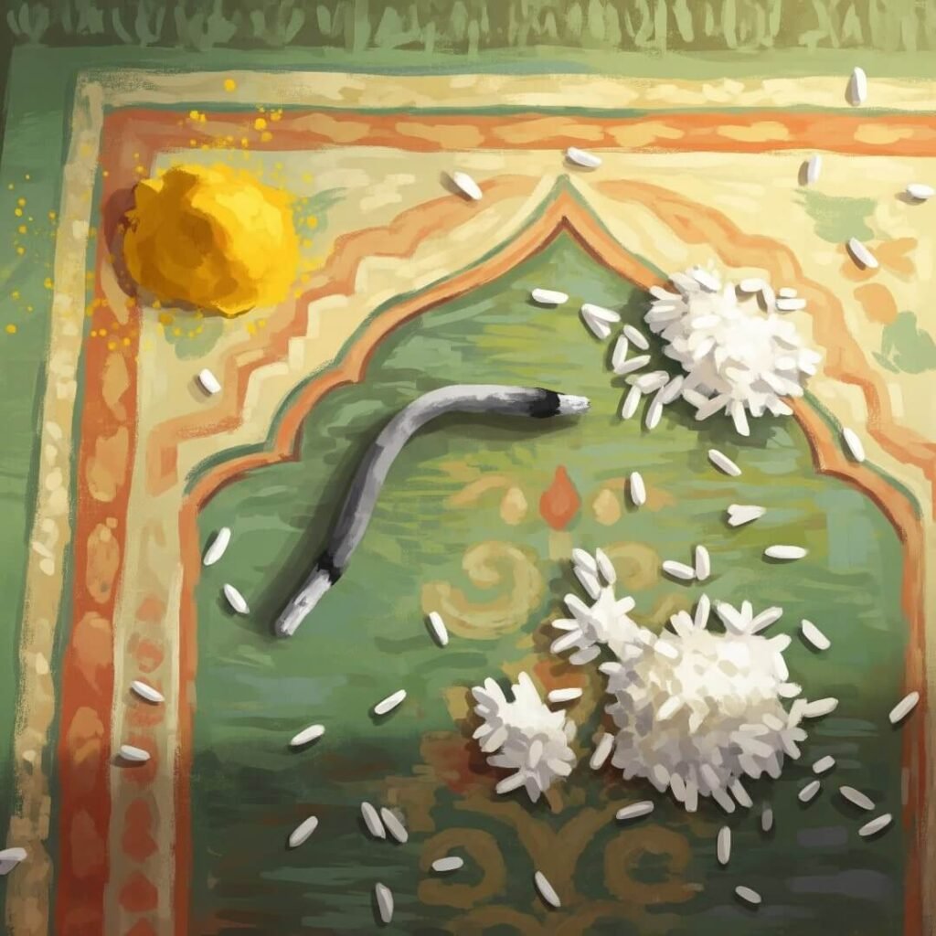 Top-down of prayer mat, spilled rice, agarbatti, haldi.