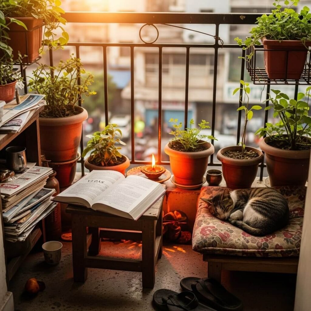 Cluttered balcony with Vedas, diya, and napping cat.