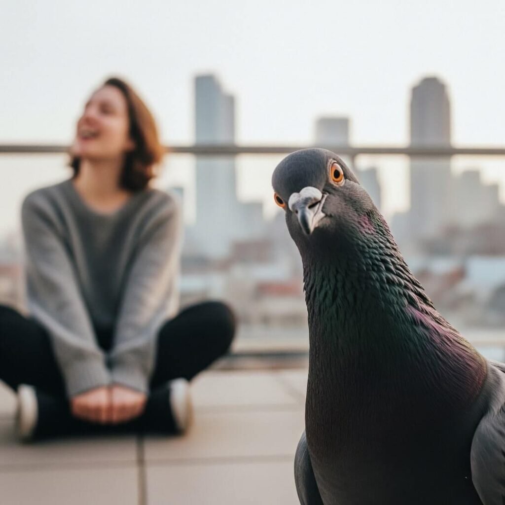 A person on a balcony with a pigeon photobomb.
