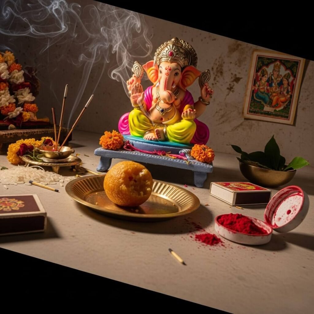 Ganesha idol, incense, and a half-eaten laddoo.