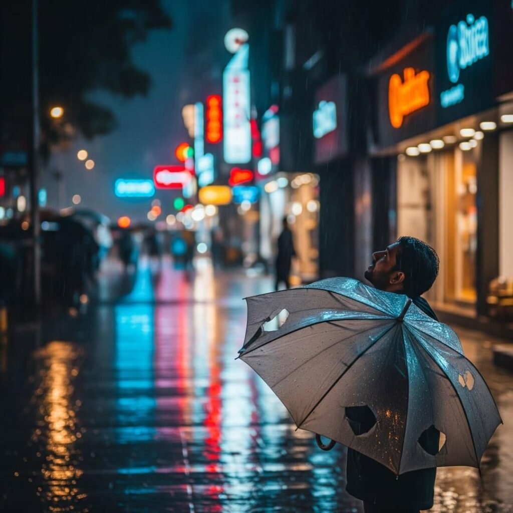 Man with torn umbrella on rainy Delhi street.