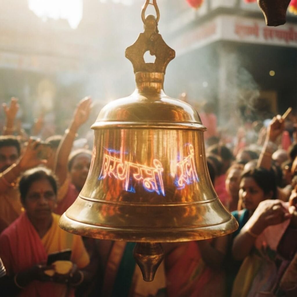 Temple bell reflects mantras in crowded puja.