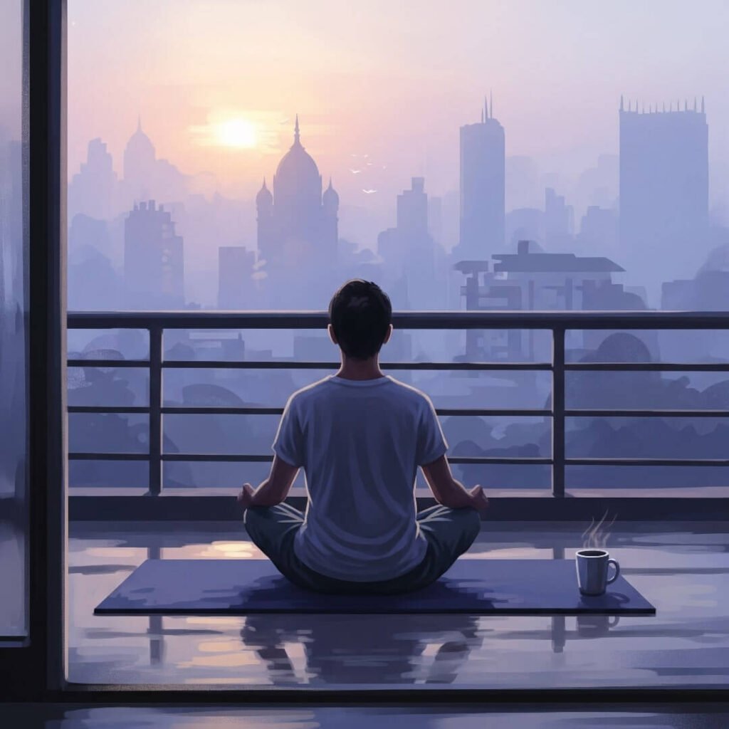 Person meditating on balcony, Mumbai skyline, coffee mug.