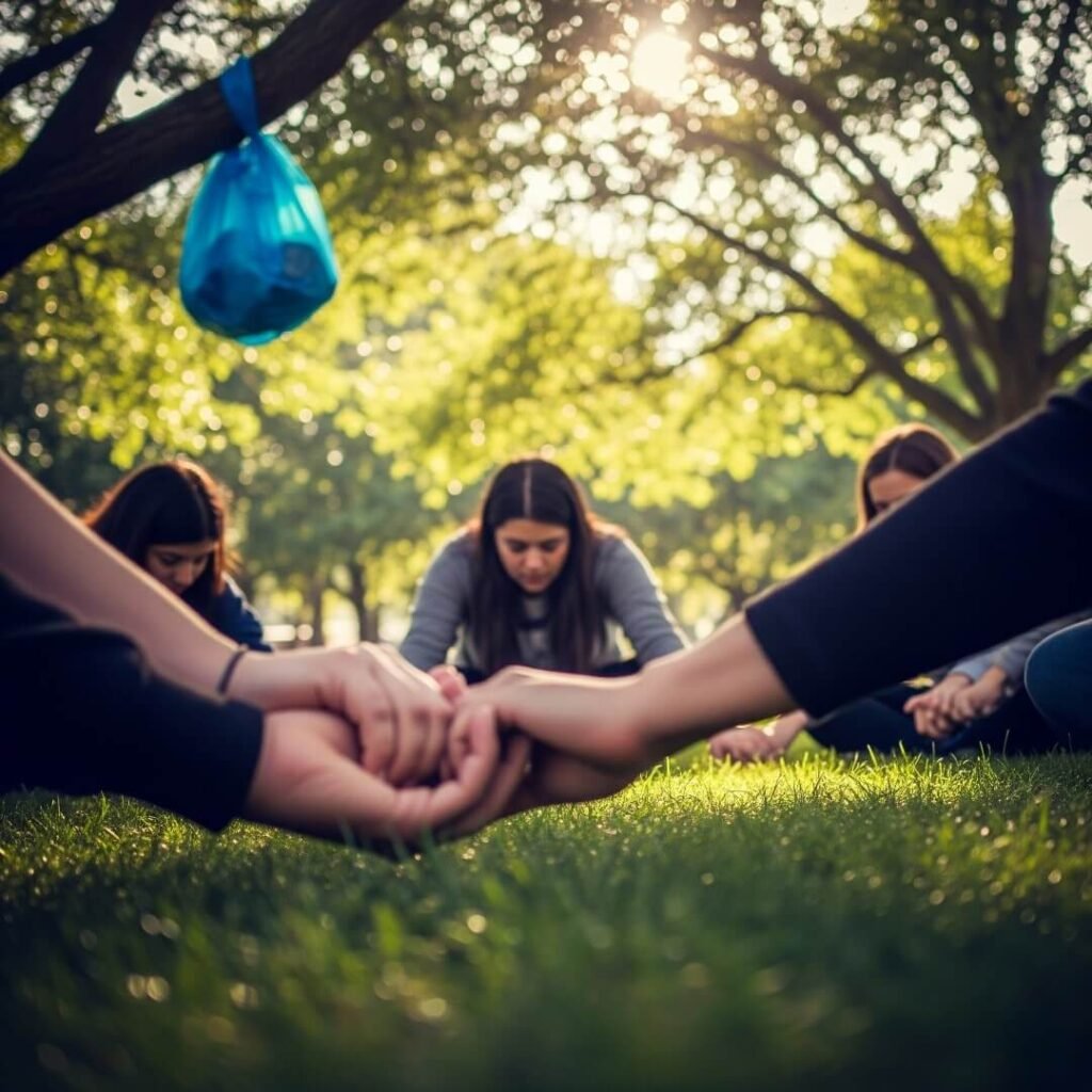 People holding hands in a park prayer circle.