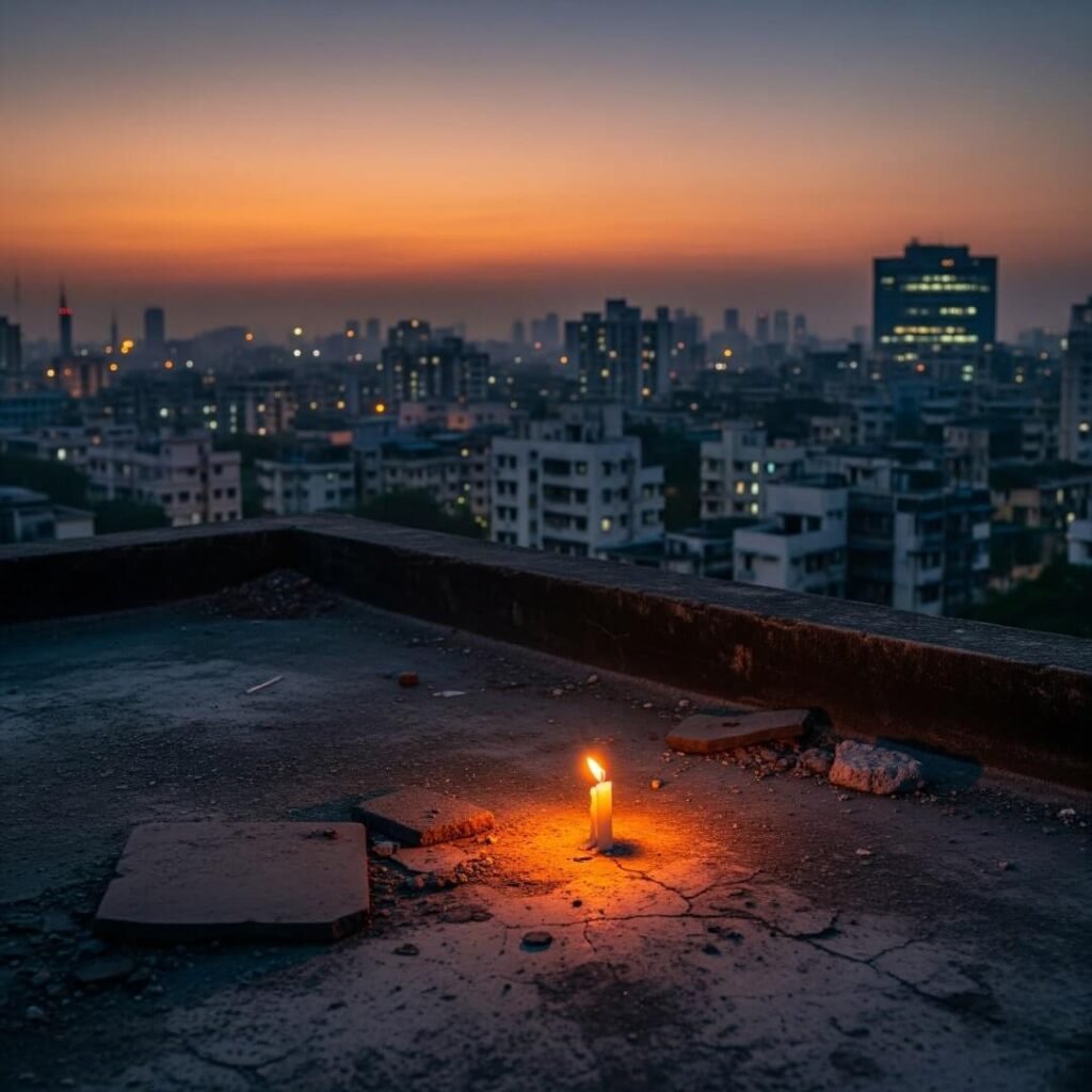Candle flickering on a Mumbai rooftop at dusk.