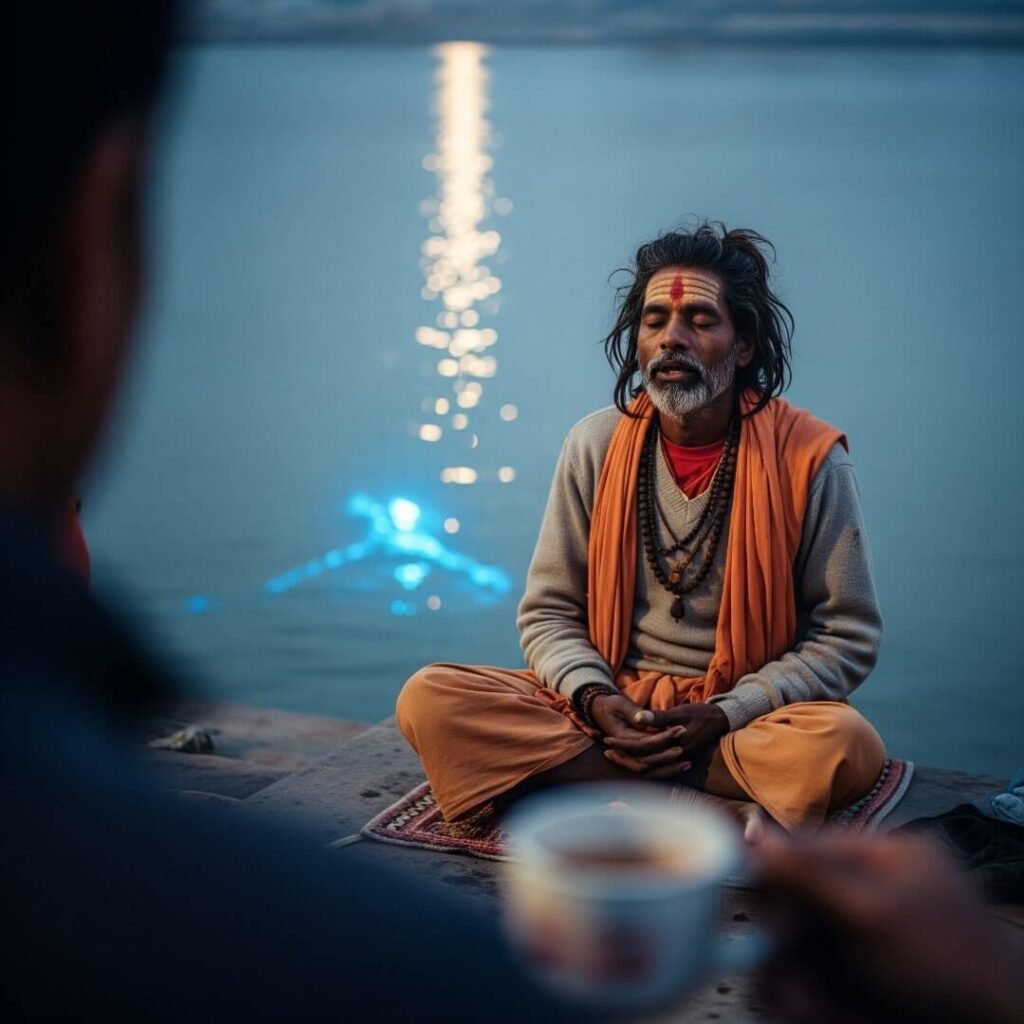 Grainy shot of sadhu chanting by glowing Ganga.
