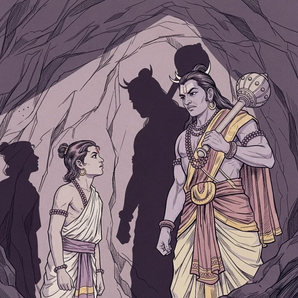 Nachiketa and Yama in cave, jagged shadows.
