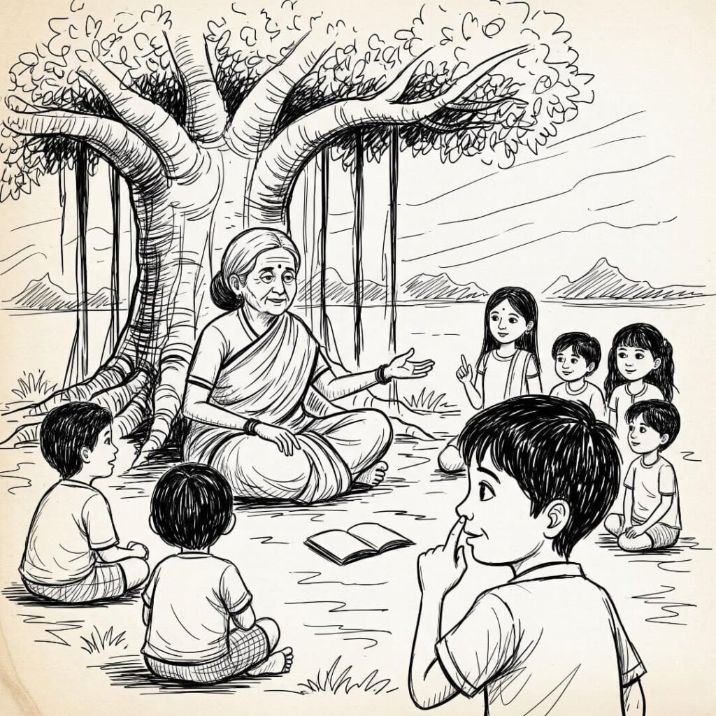 Nani telling stories under banyan tree to kids.