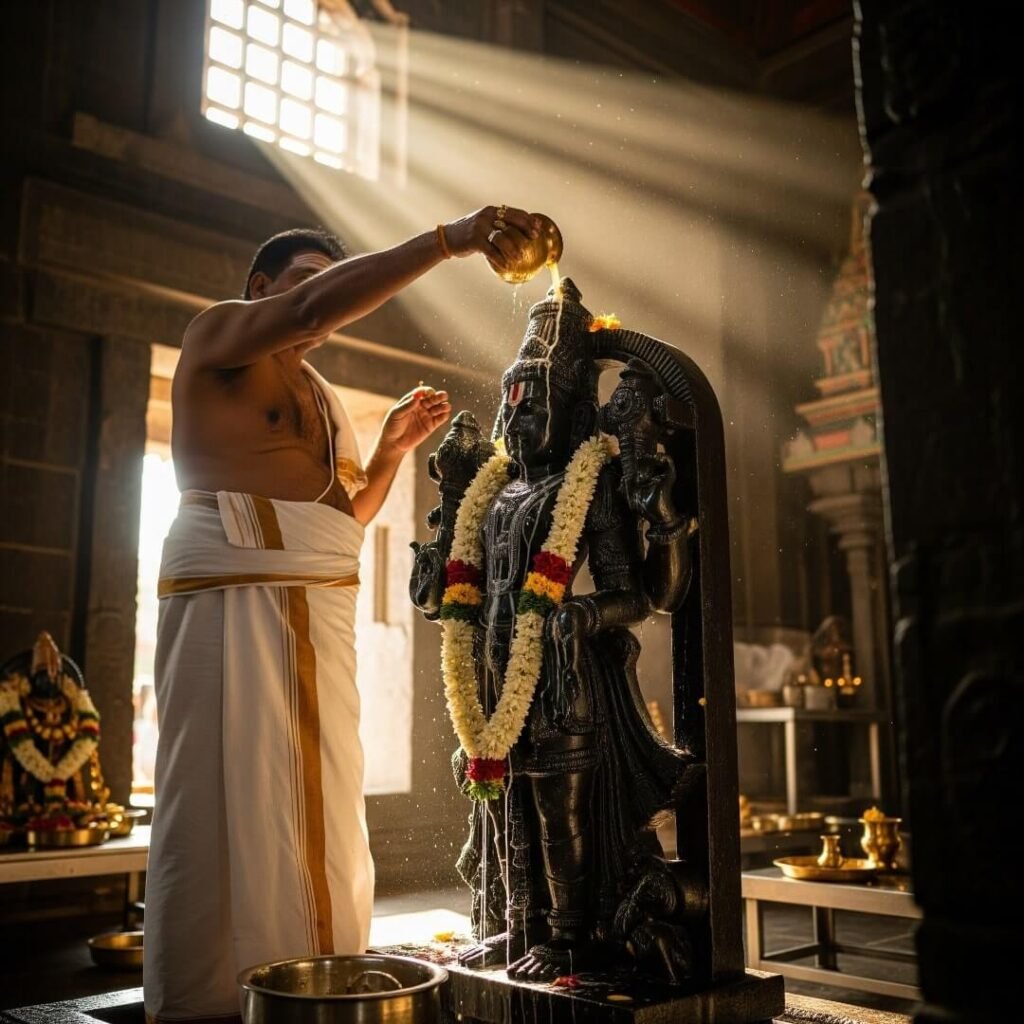 Priest pouring milk over a Vishnu statue.