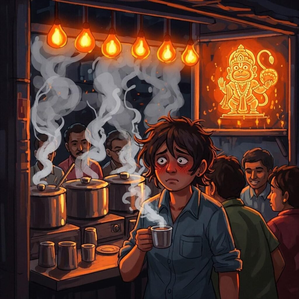 Chai stall, argument, Hanuman idol, smoky oranges.