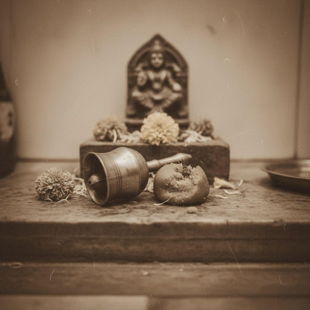 Sepia photo of a temple altar with a squashed laddoo.