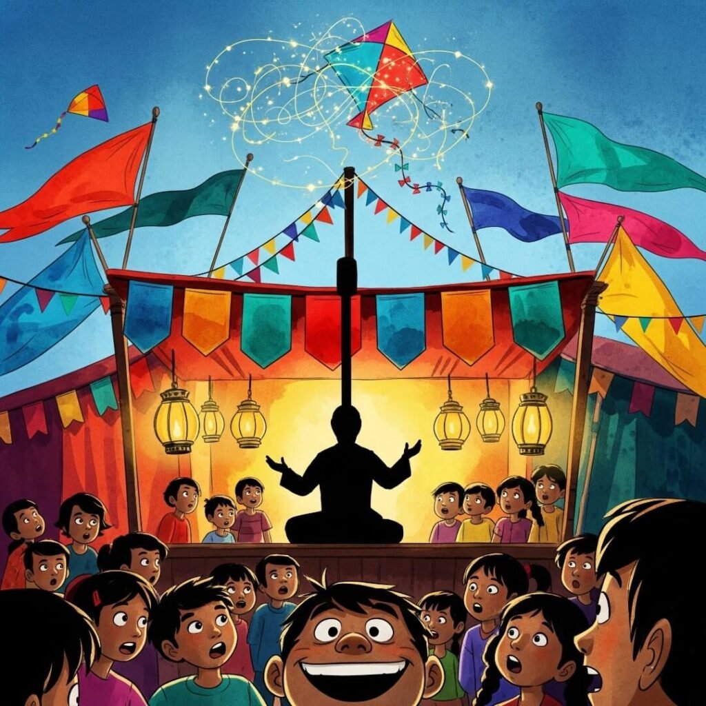 Storyteller at a lively mela with captivated children.