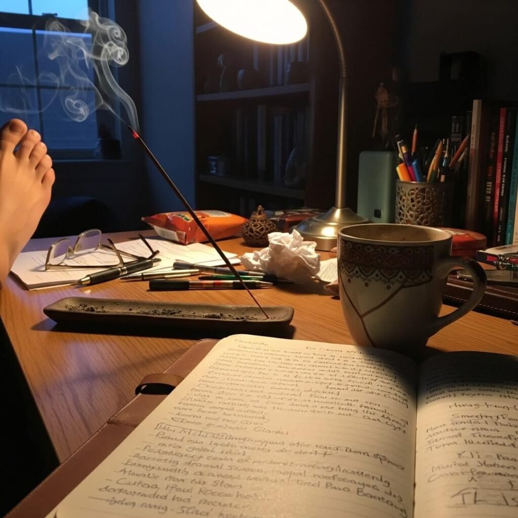 A messy desk with a journal, incense, and chai mug.