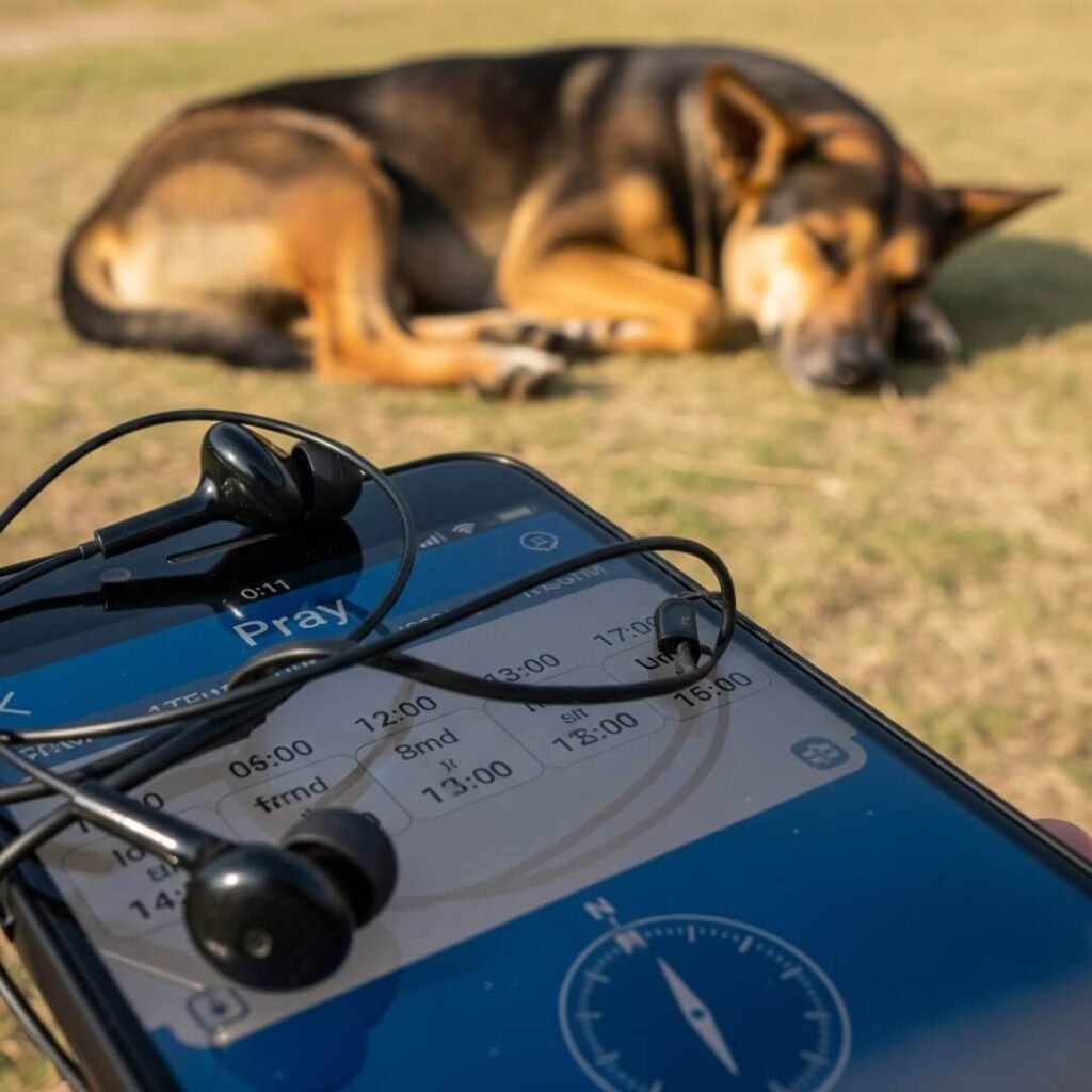Phone with prayer app, tangled earphones, napping dog.