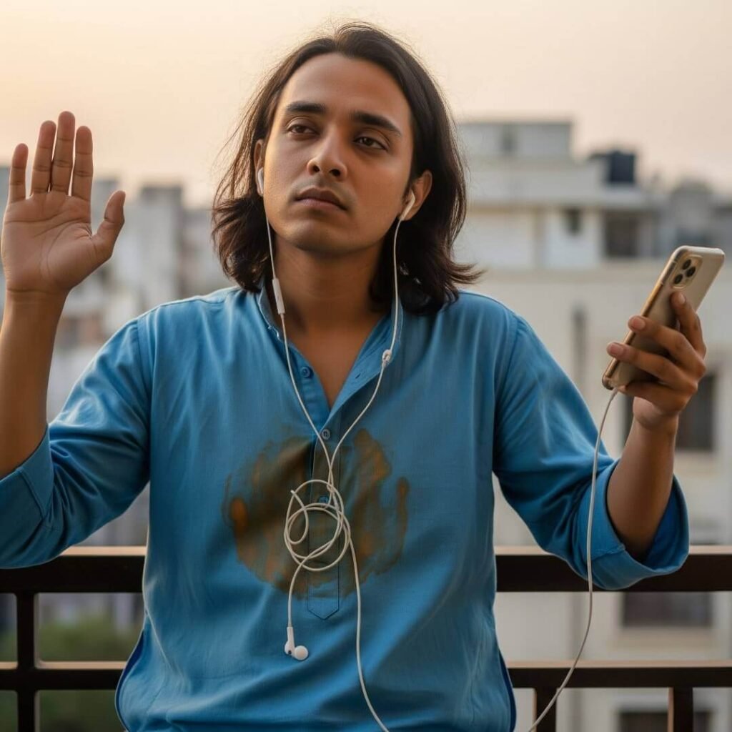Man on balcony, tangled earphones, chai-stained kurta.