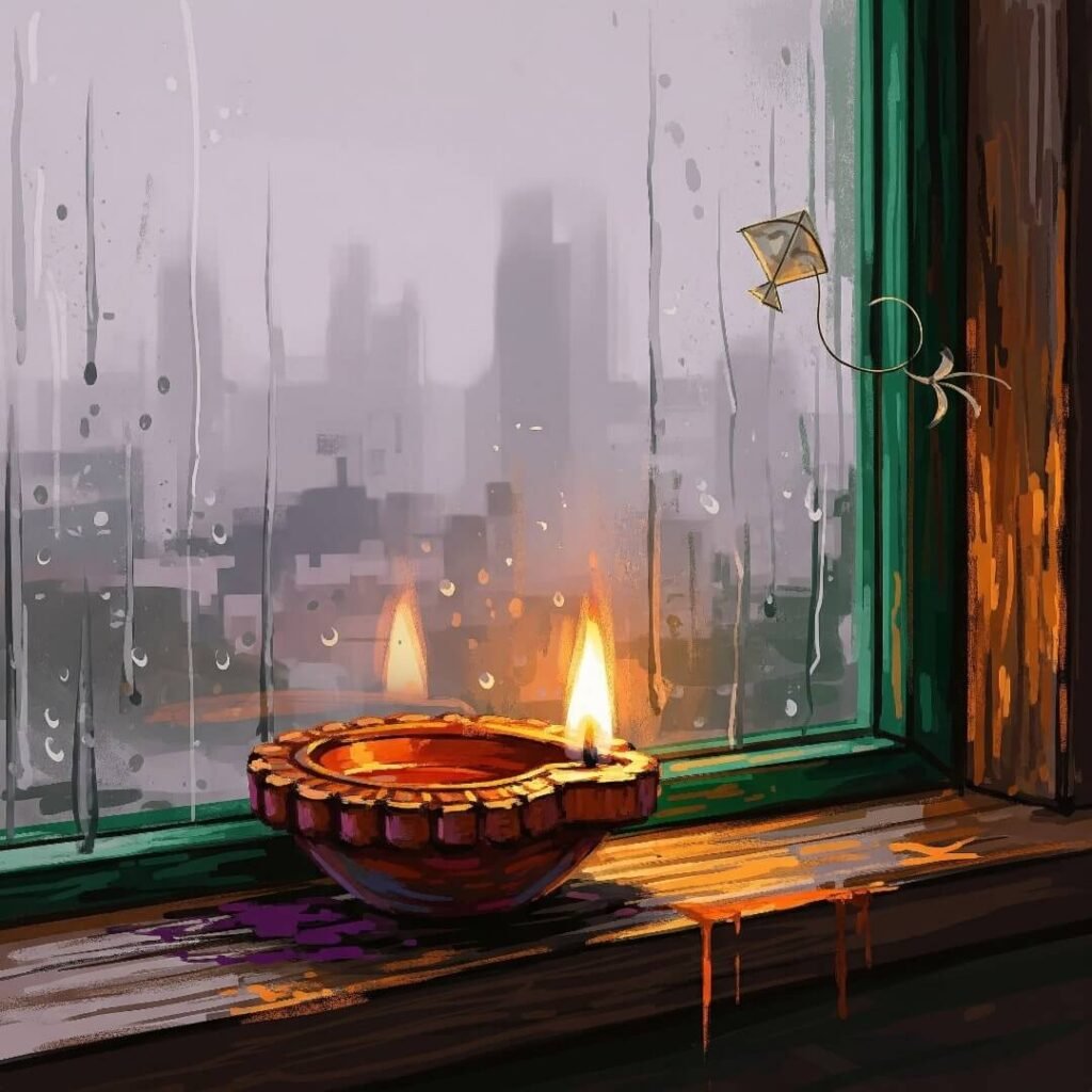 Diya on windowsill with rain and Delhi skyline.