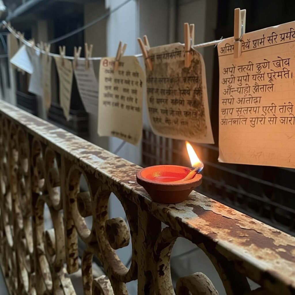 Flickering diya, rusty railing, Sanskrit notes, clothesline.