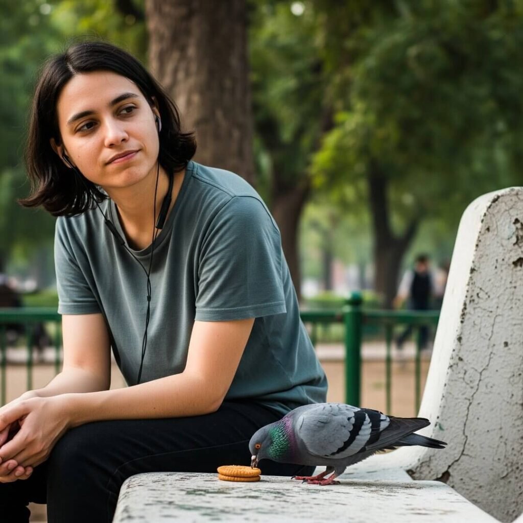 Woman meditating in park, pigeon eats biscuit.