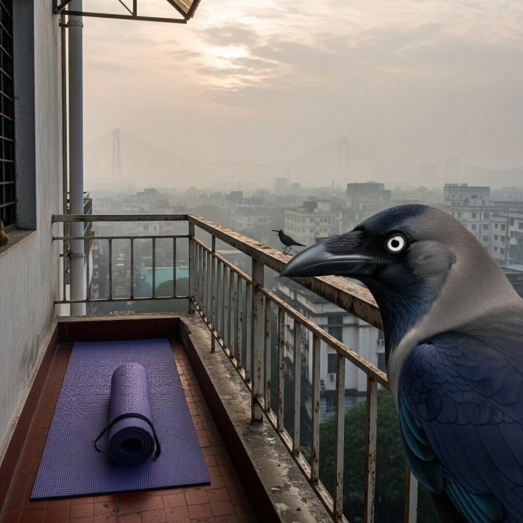 Yoga mat on balcony, foggy Kolkata, crow on railing.